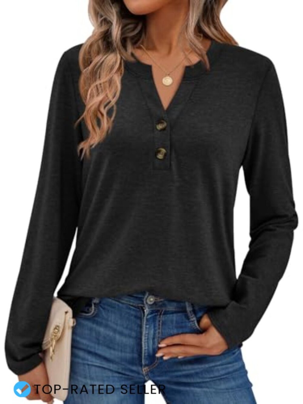 Women's Long Sleeve Henley Shirt - Loose Fit V-Neck Casual Top